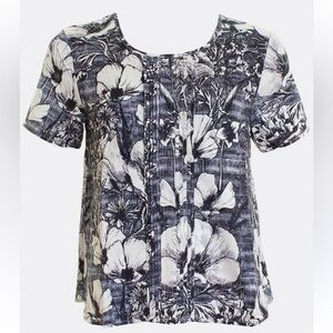 Thought Etoile Floral Blue and White Women's Short Sleeve Linen Top Medium